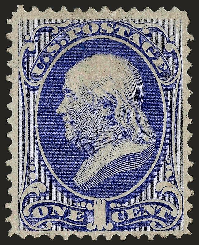 1c Ultramarine, Grill (134).> H. Grill, original gum, lightly hinged, clear grill, radiant color, well-balanced margins<><>^VERY FINE AND CHOICE ORIGINAL-GUM EXAMPLE OF THE 1870 ONE-CENT NATIONAL BANK NOTE
COMPANY GRILLED ISSUE.^<><>Ex Vineyard.