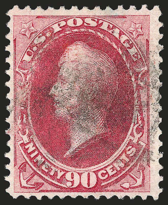 90c Carmine, Grill (144).> H. Grill, easily recognizable grill points, brilliant color, cork cancel<><>^VERY FINE. THE 90-CENT 1870 NATIONAL GRILLED ISSUE IS RARE IN THIS CHOICE SOUND CONDITION.^<><>With 1985
P.F. certificate