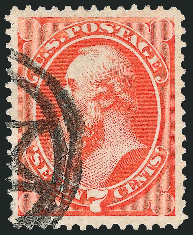 7c Orange Vermilion (160).> Magnificent margins and centering, vivid color with <New York Foreign Mail Star> cancel (Weiss ST-8P7), Extremely Fine, with 2008 P.S.E. certificate (XF 90 SMQ $270.00)