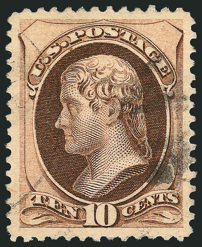 10c Brown, Without Secret Mark (187).> Wonderfully well-centered, handsome color with light cork cancel and circular datestamp, Extremely Fine Gem, with 1987 P.F. and 2008 P.S.E. certificates (XF-Superb 95 SMQ
$530.00), this is the only used No. 187