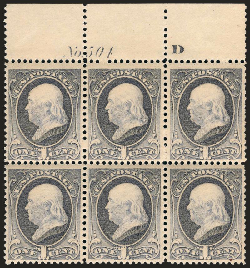 1c Gray Blue (206).> Mint N.H. block of six with plate no. 504 and letter D, brilliant color, choice centering throughout, Very Fine-Extremely Fine, Scott Retail as singles