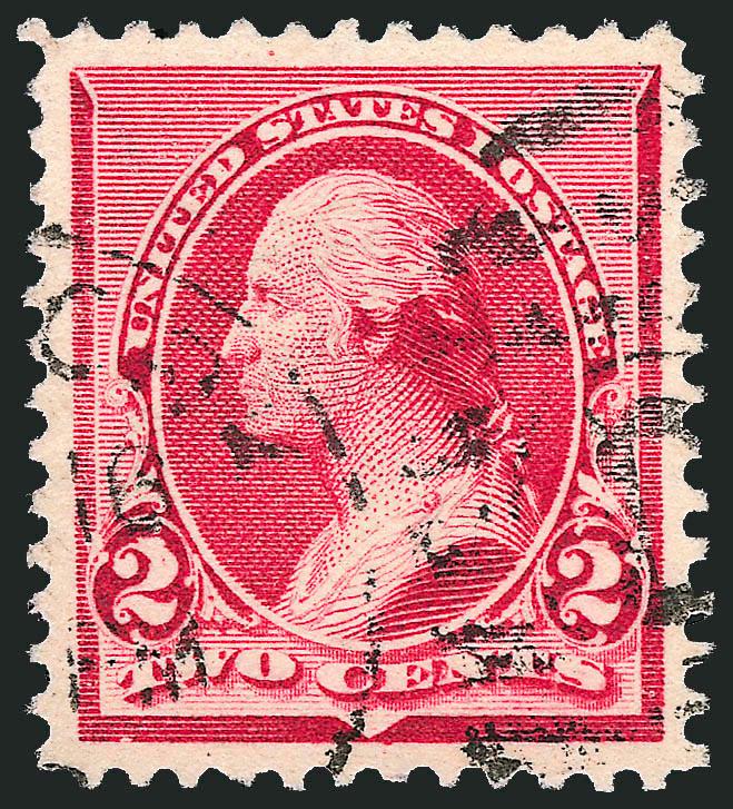 2c Carmine, Cap on Both 2s (220c).> Wide balanced margins, bright color and fairly light duplex cancel, Extremely Fine Gem, surprisingly difficult to find used, especially in this high grade, with 2008 P.S.E.
certificate (XF-Superb 95 SMQ $570.00