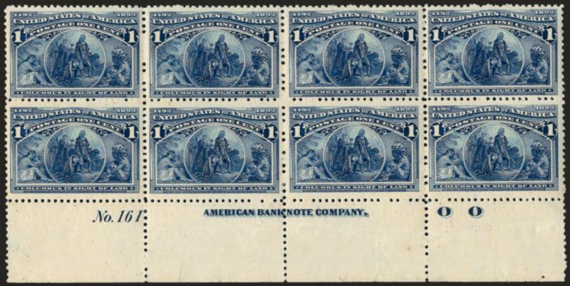 1c Columbian (230).> Mint N.H. bottom imprint, OO and plate no. 161 block of eight, Fine-Very Fine with pos. 7 a huge Jumbo