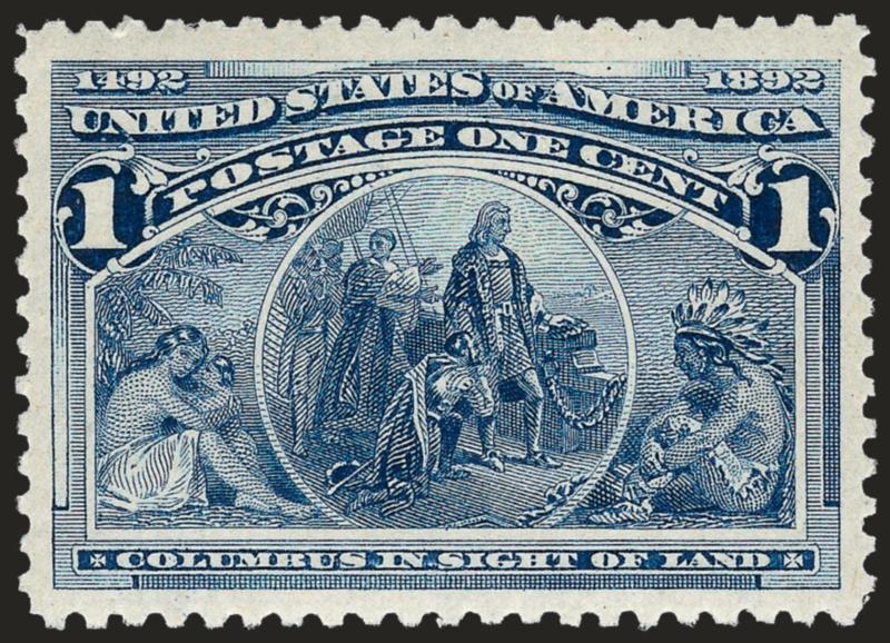 1c Columbian (230).> Mint N.H., brilliant color on post-office fresh paper, wide and balanced margins, Extremely Fine Gem, with 2007 P.S.E. certificate (XF-Superb 95 SMQ $600.00
