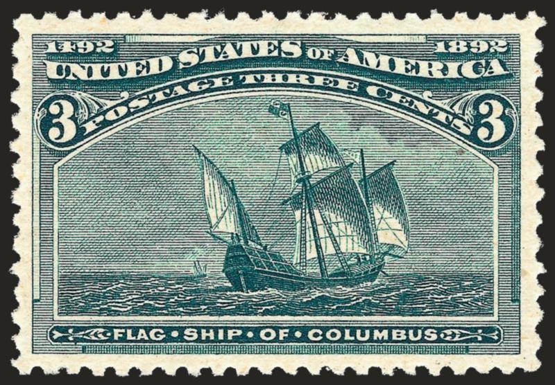3c Columbian (232).> Mint N.H., deep rich color, unusually choice centering, fresh and Extremely Fine, with 2008 P.S.E. certificate (XF-Superb 95 SMQ $1,350.00)