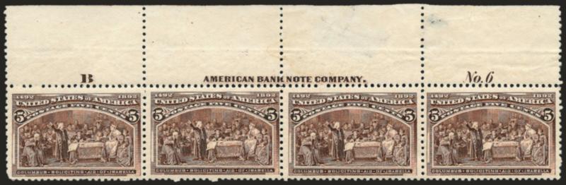 4c-5c Columbians (233-234).> Imprint and plate no. strips of four, 5c stamps Mint N.H., few natural gum bends, 5c thin spot in selvage (easily trimmed), appear Fine-Very Fine, Scott Retail as hinged