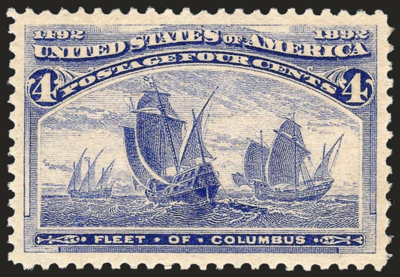 4c Columbian (233).> Mint N.H., brilliant color on post-office fresh paper, mathematically perfect centering with wide margins, crisp impression<><>^EXTREMELY FINE GEM. A MAGNIFICENT STAMP IN EVERY RESPECT --
COLOR, GUM, CENTERING, PERFORATIONS, FR