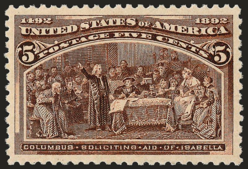 5c Columbian (234).> Mint N.H., intense shade and proof-like impression on bright paper, Jumbo balanced margins<><>^EXTREMELY FINE GEM. A PHENOMENAL MINT NEVER-HINGED EXAMPLE OF THE 5-CENT COLUMBIAN
ISSUE.^<><>With 2008 P.S.E. certificate (XF-Sup