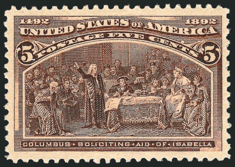 5c Columbian (234).> Mint N.H., beautiful Jumbo margins and handsomely centered, rich color, sharp impression, Extremely Fine, with 1997 P.F. and 2008 P.S.E. certificates (XF 90 Jumbo SMQ $740.00 as 90,
$2,450.00 as 95)
