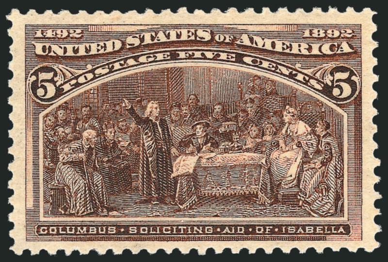 5c Columbian (234).> Mint N.H., Jumbo margins and well-centered, fresh and bright, crisp impression, Extremely Fine, with 2008 P.S.E. certificate (XF 90 Jumbo, SMQ $740.00 as 90, $2,450.00 as 95)