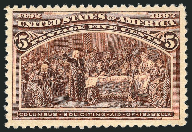 5c Columbian (234).> Mint N.H., wide margins and beautiful centering, rich color, Very Fine and choice, with 2008 P.S.E. certificate (VF-XF 85 SMQ $415.00)
