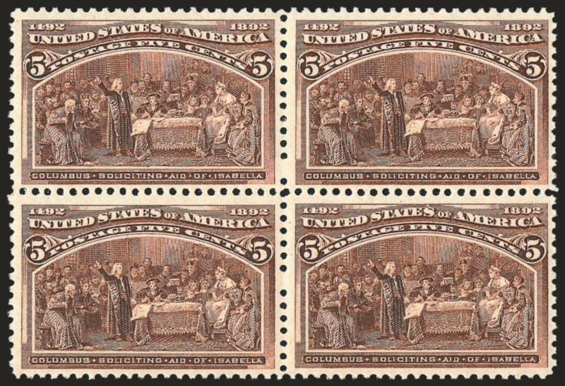 5c Columbian (234).> Mint N.H. block of four, fresh and Fine-Very Fine, Scott Retail as four Mint N.H. singles