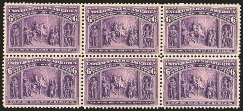 6c Columbian (235).> Horizontal block of six, right block of four Mint N.H., Fine-Very Fine, Scott Retail as two hinged and four Mint N.H. singles