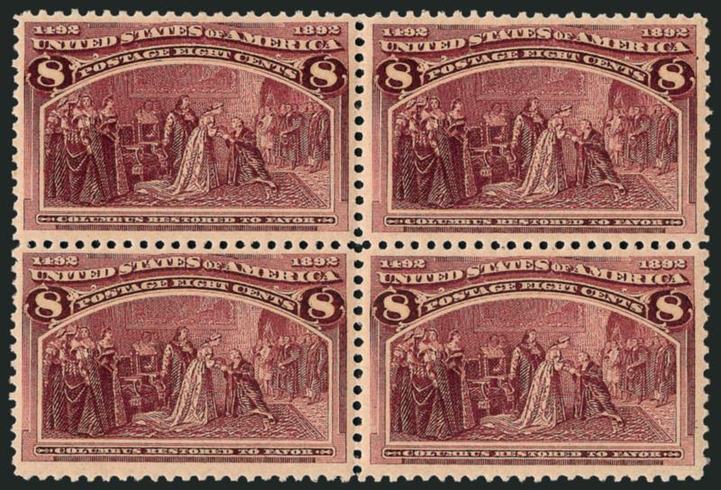 8c Columbian (236).> Mint N.H. block of four, well-centered, especially for a multiple, fresh and bright, Very Fine, with 2008 P.S.E. certificate