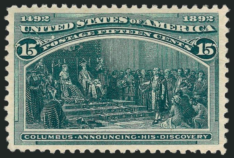 15c Columbian (238).> Original gum, lightly hinged, wide margins and superb centering, intense shade, Extremely Fine, with 2008 P.S.E. certificate (XF 90 SMQ $440.00)