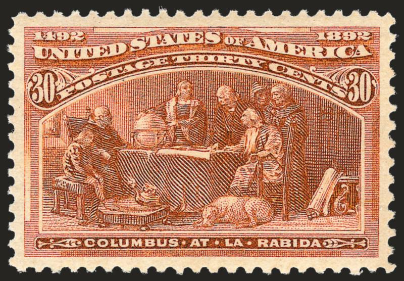 30c Columbian (239).> Mint N.H., rich color, beautiful impression showing every detailed line of this marvelous engraving, mathematically perfect centering with wide margins on all four sides<><>^EXTREMELY FINE
GEM. THIS MAGNIFICENT MINT NEVER-HING