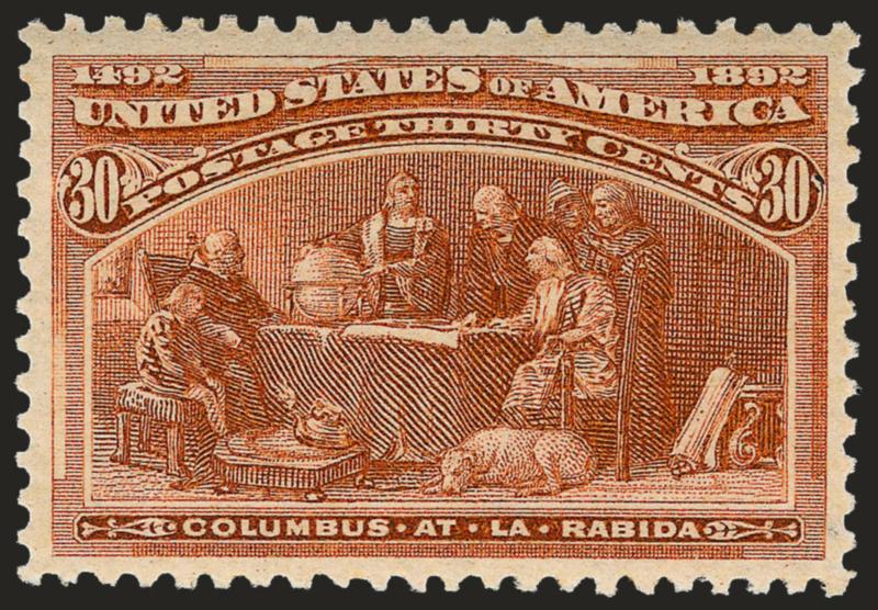 30c Columbian (239).> Mint N.H., deep rich color and proof-like impression on post-office fresh paper, beautiful centering with balanced margins<><>^EXTREMELY FINE GEM. A SUPERB MINT NEVER-HINGED EXAMPLE OF THE
30-CENT COLUMBIAN ISSUE, WHICH HAS BE