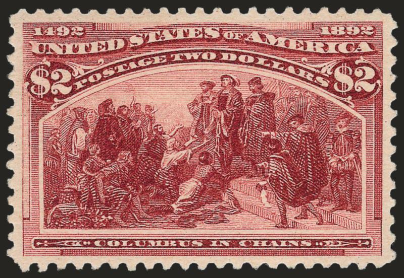 $2.00 Columbian (242).> Original gum, lightly hinged, brilliant color on crisp paper, unusually wide and balanced margins for this difficult issue<><>^EXTREMELY FINE GEM. A SUPERB ORIGINAL-GUM EXAMPLE OF THE
$2.00 COLUMBIAN ISSUE, WHICH HAS BEEN GR