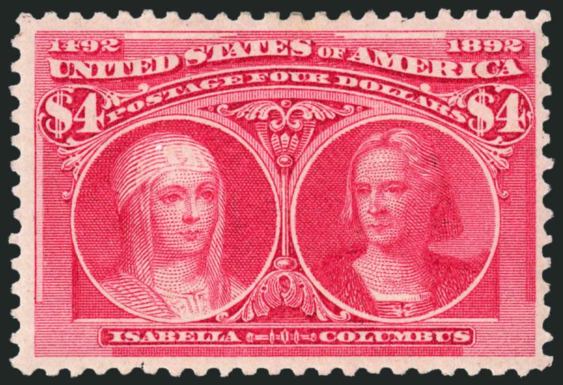 $4.00 Columbian (244).> Original gum, lightly hinged, magnificent bright color (more Rose Carmine than Crimson Lake), clear impression, Very Fine, with 2008 P.S.E. certificate