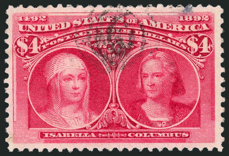 $4.00 Columbian (244).> Wide margins and handsome centering, excellent color and impression, light slightly overlapped target cancels which essentially leave the two portraits distraction free, Very Fine and
choice, with 2008 P.S.E. certificate (VF-X