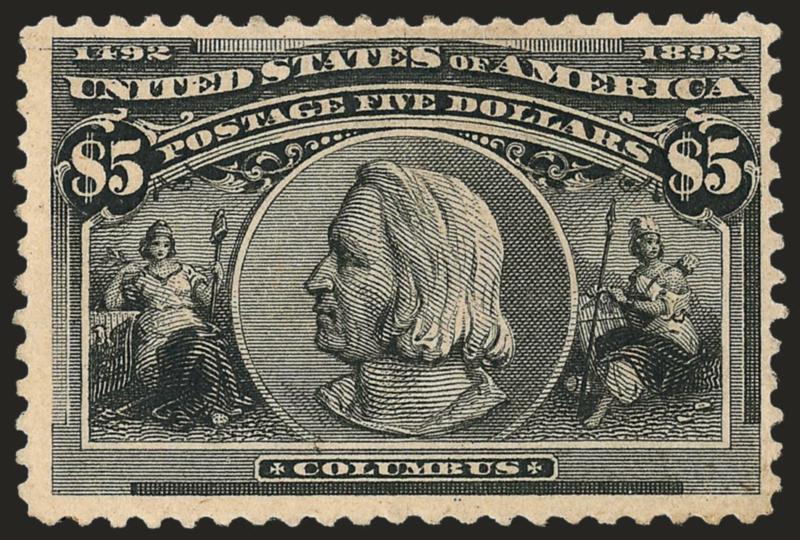 $5.00 Columbian (245).> Disturbed original gum, detailed impression, tiny natural inclusion, Fine