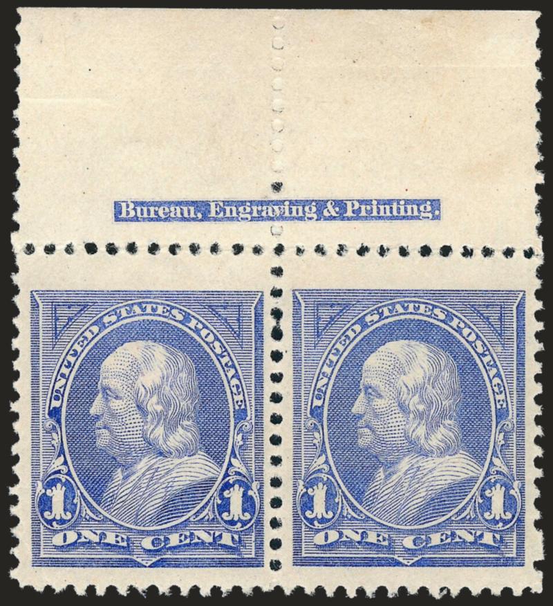 1c Ultramarine (246).> Mint N.H. horizontal pair with full top imprint selvage, oversized margins and handsomely centered, bright pastel color on crisp paper, natural short gum at top, few light natural gum
wrinkles, Extremely Fine Gem, extraordinary