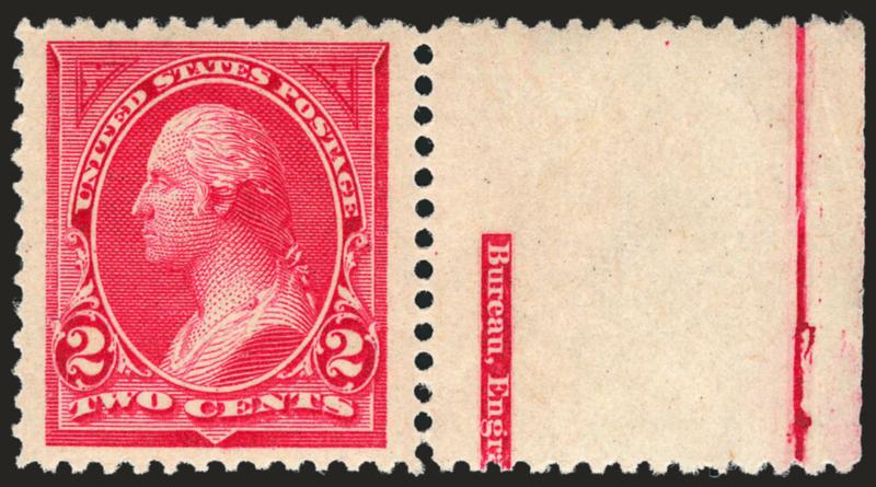 2c Carmine, Ty. I (250).> Mint N.H. with <wide selvage with part imprint> at right, wide and balanced margins, Extremely Fine, with 2006 P.S.E. certificate (XF 90 Jumbo SMQ $340.00 as 90, $1,150.00 as
95)