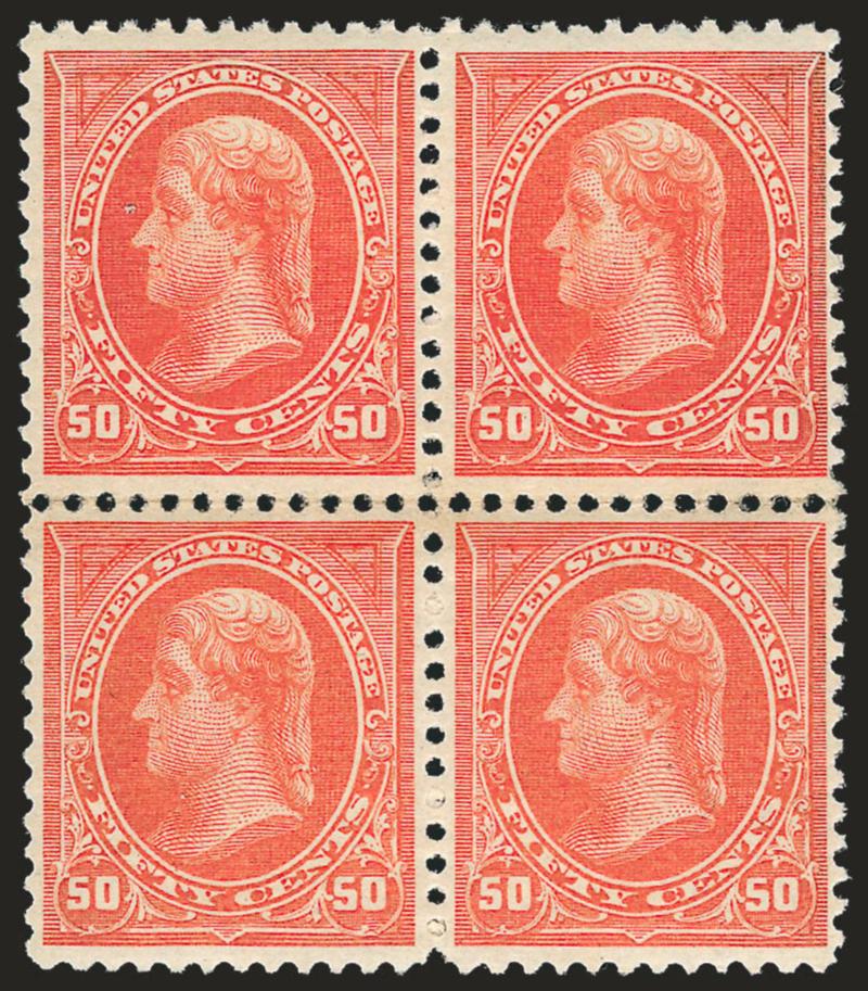 50c Orange (260).> Block of four, original gum, bright shade and exceptionally choice centering, fresh and Very Fine-Extremely Fine, with 2006 P.F. certificate noting horizontal perfs are strengthened (of no
significance since this is previously hing