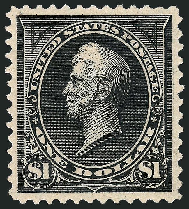 $1.00 Black (261).> Original gum, lightly hinged, exceptionally wide margins and nearly perfectly centered, beautiful impression on bright white paper<><>^EXTREMELY FINE GEM. A SIMPLY WONDERFUL LIGHTLY-HINGED
EXAMPLE OF THE ONE-DOLLAR TYPE I 1894 F