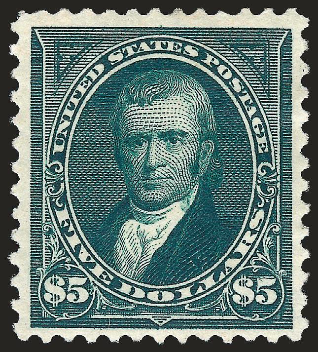 $5.00 Dark Green (263).> Original gum, minor h.r., intense shade and impression, well-balanced margins<><>^VERY FINE ORIGINAL-GUM EXAMPLE OF THE $5.00 1894 UNWATERMARKED BUREAU ISSUE.^<><>The $5.00 Bureau issue
on unwatermarked paper is much more