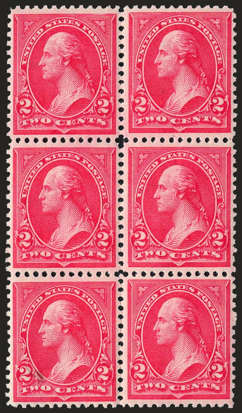 2c Carmine, Ty. II (266).> Mint N.H. vertical block of six, fresh, small mark on pos. 5, otherwise Fine-Very Fine