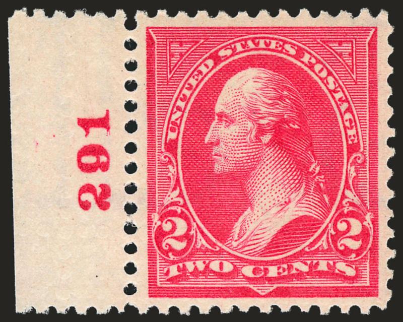 2c Carmine, Ty. III (267).> Mint N.H. with <plate no. 291 at left,> brilliant color, long and full perforations, Extremely Fine Gem, with 2007 P.S.E. certificate (XF-Superb 95 SMQ $305.00)