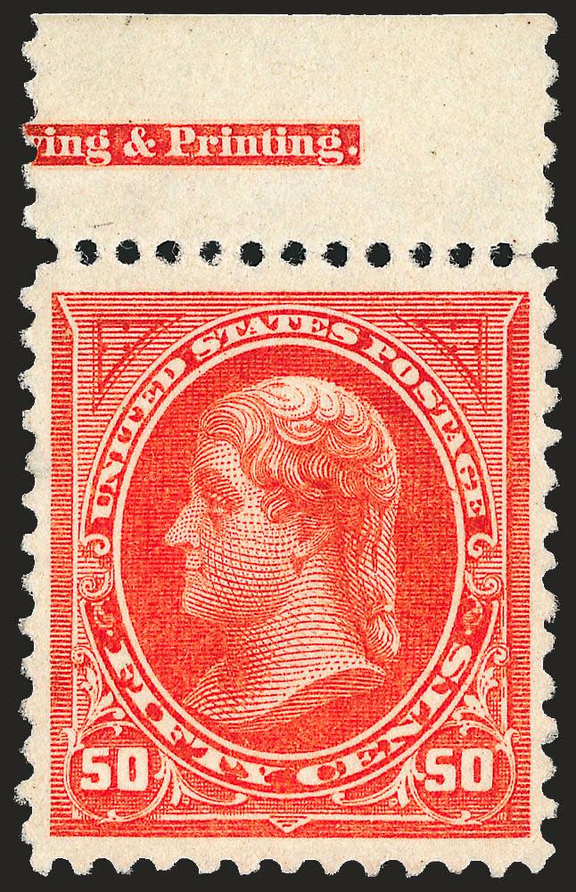 50c Orange (275).> Mint N.H. with part top imprint selvage (faintly hinged in selvage), incredibly well-centered, deep rich color on bright white paper<><>^EXTREMELY FINE. THE 50-CENT 1895 BUREAU ISSUE IS VERY
DIFFICULT TO FIND WITH BOTH QUALITY CE
