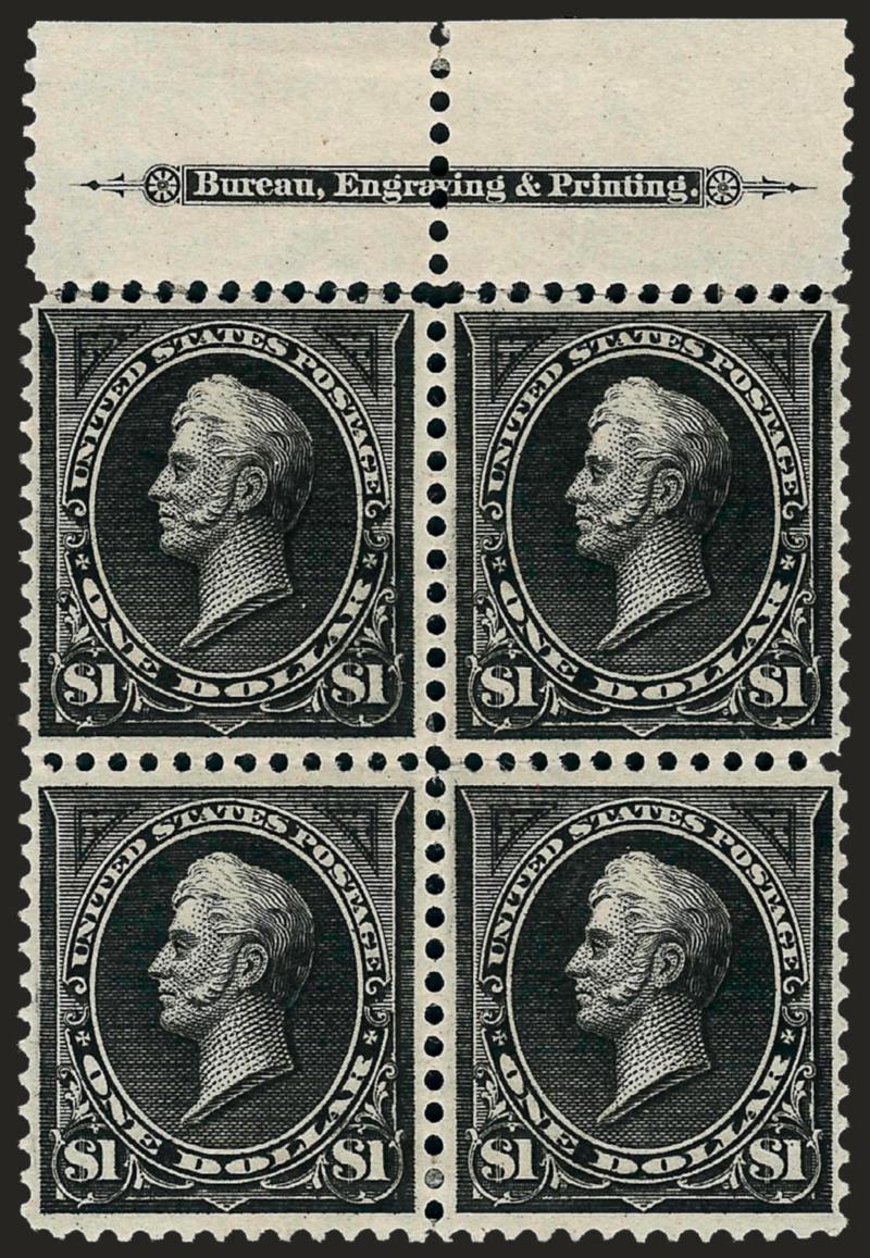 $1.00 Black, Ty. I (276).> Top imprint block of four, original gum, deep shade and proof-like impression, choice centering, perf separations at selvage expertly reattached, bottom left stamp small thin spot at
top<><>^VERY FINE-EXTREMELY FINE APPEA