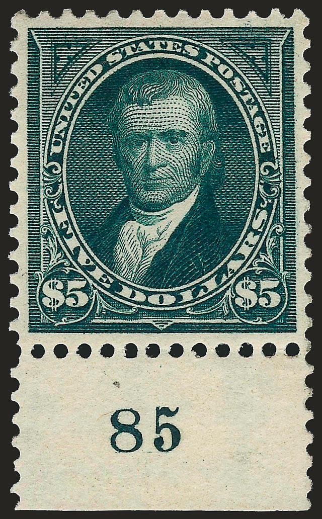 $5.00 Dark Green (278).> With <plate no. 85 selvage at bottom,> original gum, deep rich color and proof-like impression, perfectly centered with wide and balanced margins<><>^EXTREMELY FINE GEM. A MAGNIFICENT
ORIGINAL-GUM EXAMPLE OF THE 1895 $5.00