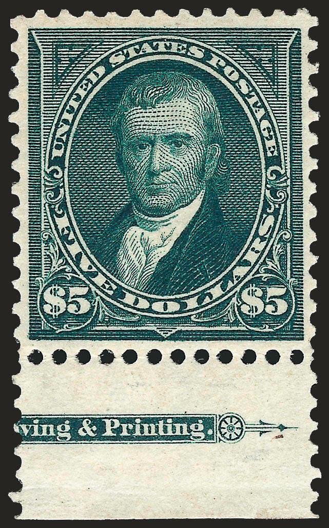 $5.00 Dark Green (278).> Original gum with part bottom imprint selvage, rather attractive centering, magnificent color, crisp impression<><>^VERY FINE AND CHOICE. A BEAUTIFUL ORIGINAL-GUM EXAMPLE OF THE 1895
$5.00 WATERMARKED BUREAU ISSUE, SHOWING