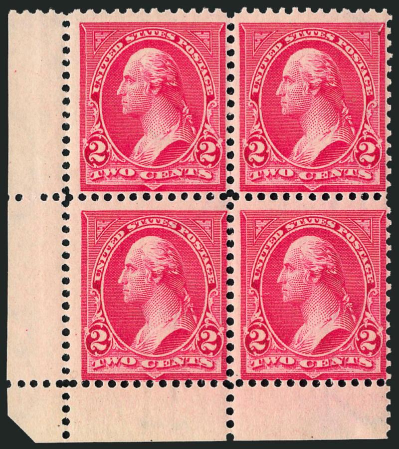 2c Rose Carmine, Ty. IV (279Bc).> Block of four with bottom left corner sheet selvage, original gum, top pair and bottom left single Mint N.H., other barely hinged, perfs close to touch, about Fine for this
scarce shade multiple