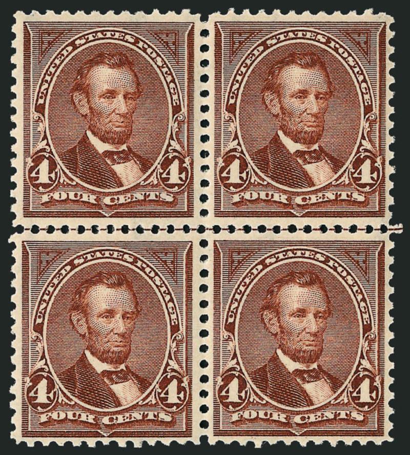 4c Rose Brown (280).> Mint N.H. block of four with horizontal guide line, wonderfully fresh, right pair natural gum wrinkle, otherwise that pair and one other Fine-Very Fine, top left beautifully centered and
Extremely Fine, with 2008 P.S.E. certific