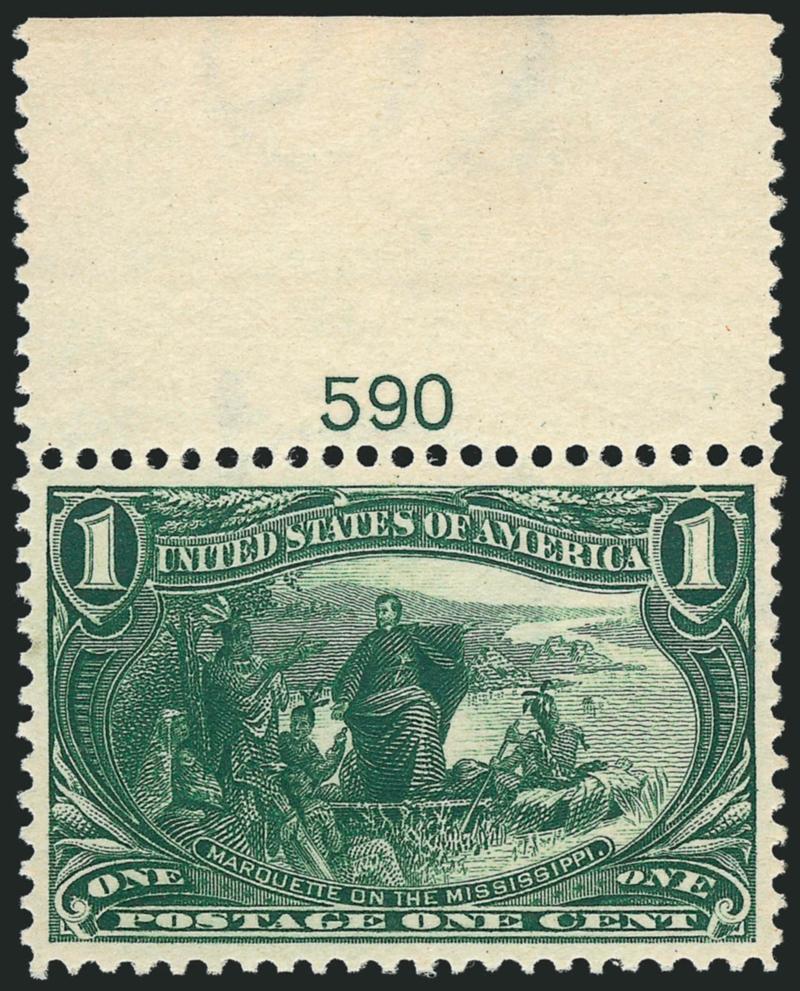 1c Trans-Mississippi (285).> Mint N.H. with top plate no. 590, large margins and precisely centered, marvelous color and impression<><>^EXTREMELY FINE GEM. A BREATHTAKING MINT NEVER-HINGED EXAMPLE OF THE
ONE-CENT TRANS-MISSISSIPPI ISSUE.^<><>With