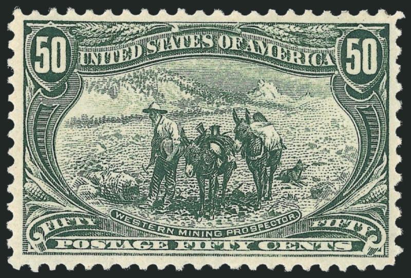50c Trans-Mississippi (291).> Original gum, barest trace of hinging (described on 2000 P.F. certificate as Mint N.H.), intense color on crisp paper, long and full perforations all around, Very Fine and choice,
with 2000 and 2008 P.F. certificates