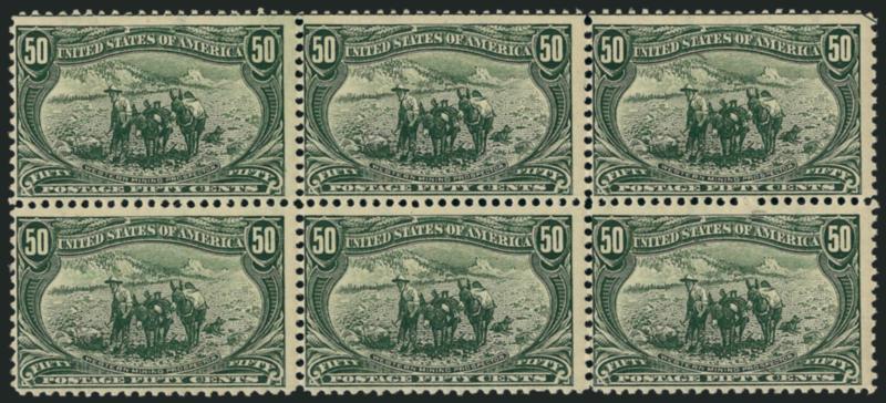 50c Trans-Mississippi (291).> Mint N.H. horizontal block of six, wonderfully fresh, small separation between pos. 2 and 3, centered bottom left, perfs essentially clear all around, reasonably attractive and a
scarce multiple in post-office fresh cond
