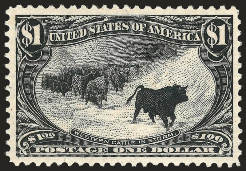 $1.00 Trans-Mississippi (292).> Original gum, lightly hinged, intense shade on bright paper, beautiful centering with wide and balanced margins<><>^EXTREMELY FINE. A SUPERB ORIGINAL-GUM EXAMPLE OF THE $1.00
TRANS-MISSISSIPPI ISSUE, WHICH HAS BEEN G