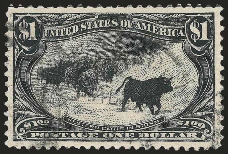 $1.00 Trans-Mississippi (292).> Incredibly wide margins, essentially Jumbo dimensions, superbly centered, intense shade on bright paper, lightly cancelled by duplex datestamp and oval grid<><>^EXTREMELY FINE
GEM. A FANTASTIC COMBINATION OF THE ELEM