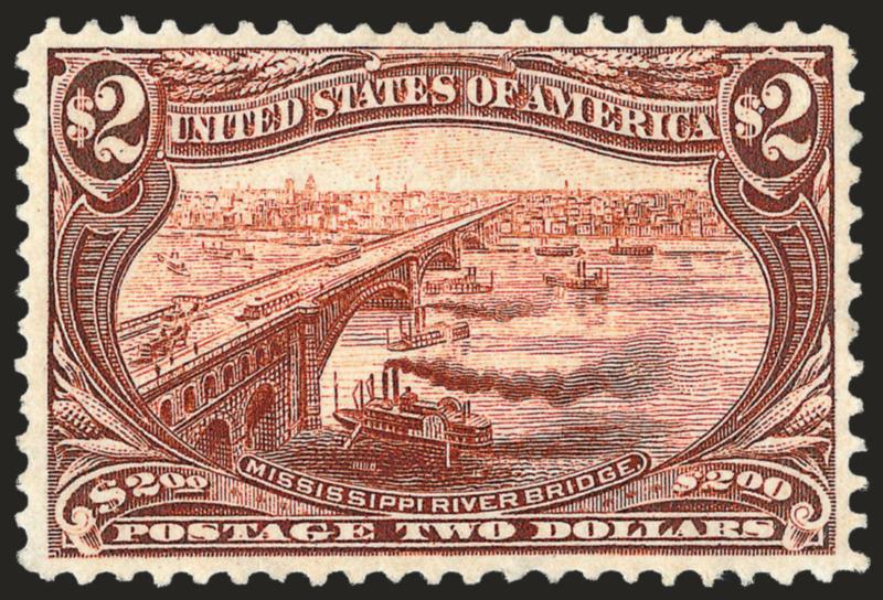 $2.00 Trans-Mississippi (293).> Original gum, lightly hinged, much nicer than typical centering, bright color<><>^VERY FINE AND CHOICE ORIGINAL-GUM EXAMPLE OF THE $2.00 TRANS-MISSISSIPPI ISSUE.^<><>With 1981
and 2008 P.F. certificates