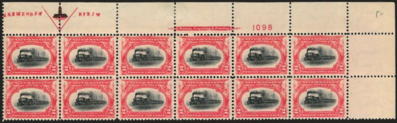 2c Pan-American (295).> Top right corner selvage imprint, plate no. 1098 and arrow block of twelve, brilliant colors, eleven stamps Mint N.H., top left stamp and selvage at top center lightly hinged, fresh and
Very Fine-Extremely Fine, Scott Retail a