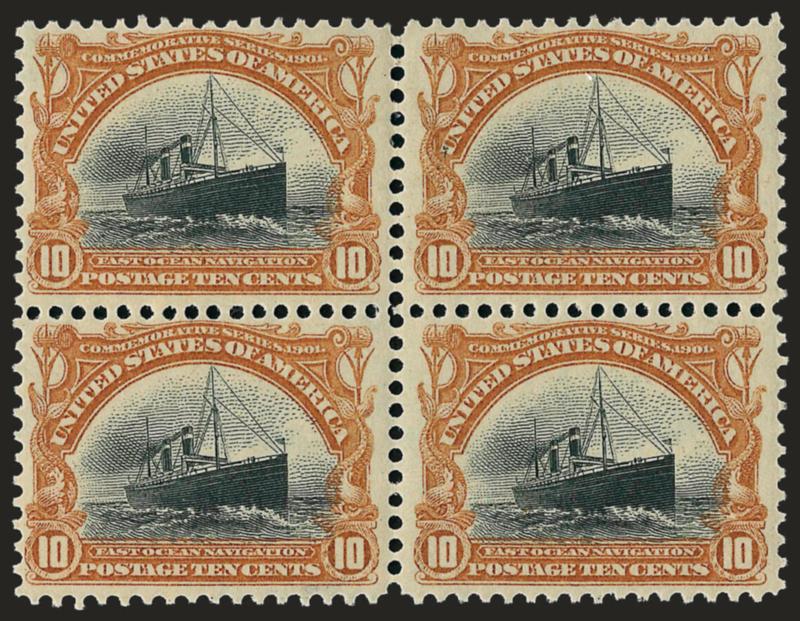 10c Pan-American (299).> Block of four, bottom stamps Mint N.H., top pair lightly hinged, bright colors, Very Fine and choice, Scott Retail as singles