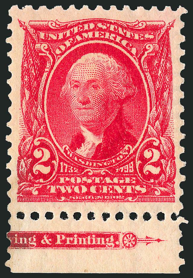 2c Carmine (301).> Mint N.H. with part bottom imprint selvage, large Jumbo margins, vibrant color on crisp paper, Extremely Fine, with 2004 P.F. certificate for block of six (bottom left stamp) and 2008 P.S.E.
certificate (XF 90 Jumbo SMQ $160.00 as