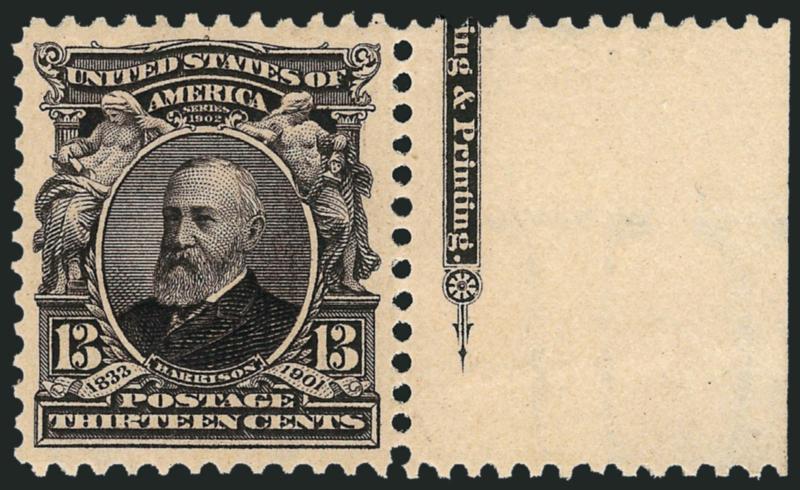 13c Purple Black (308).> Mint N.H., remarkably deep shade and proof-like impression, with part imprint in right sheet selvage, fresh and crisp, Extremely Fine Gem, with 2008 P.S.E. certificate (XF-Superb 95 SMQ
$1,200.00)