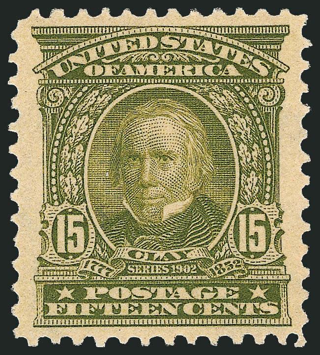 15c Olive Green (309).> Wide margins and exceptionally well-centered, lightly hinged, vivid color, Extremely Fine, with 2008 P.S.E. certificate (XF 90 SMQ $420.00)