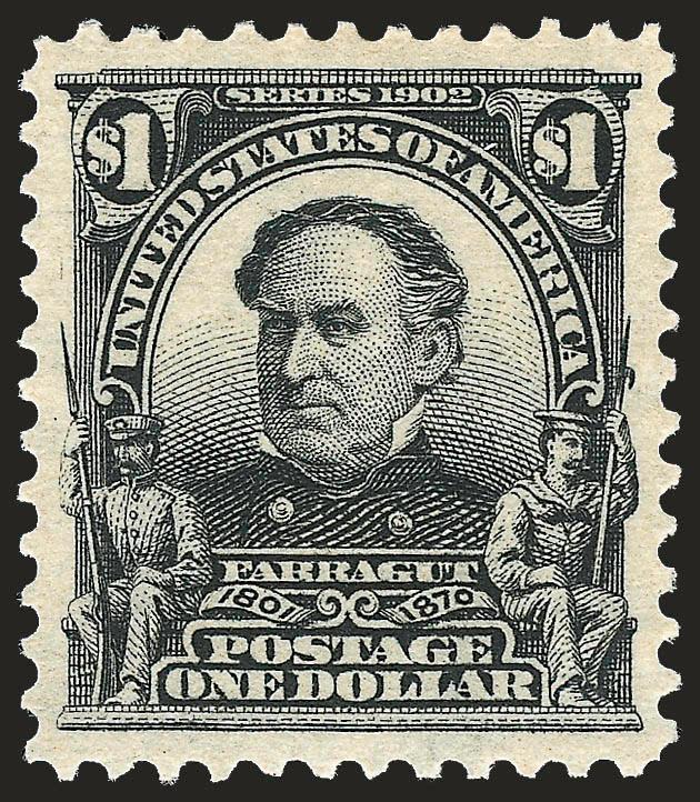 $1.00 Black (311).> Mint N.H., intense shade and impression in post-office fresh paper, perfectly centered with unusually wide and balanced margins<><>^EXTREMELY FINE GEM. EASILY THE FINEST EXAMPLE OF THE $1.00
1902 ISSUE WE HAVE EVER HAD THE PRIVI